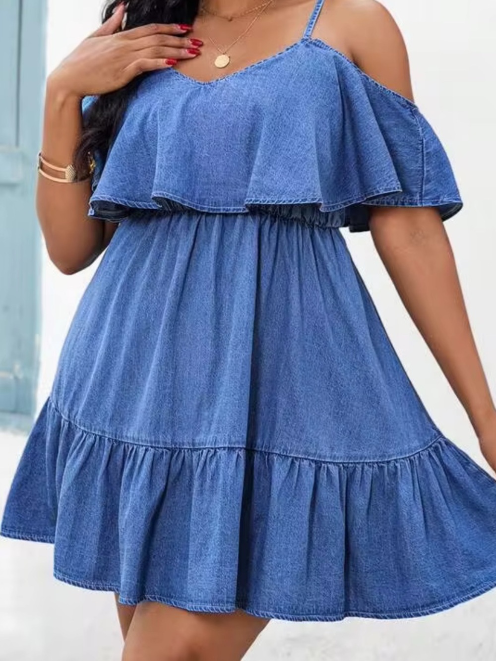 SHEIN Blue Cold-Shoulder Ruffle Denim Mini Dress